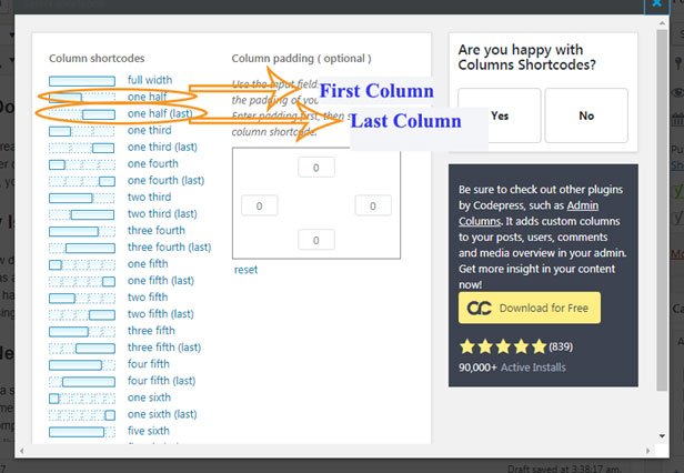 WordPress Column Select Column Width and Padding